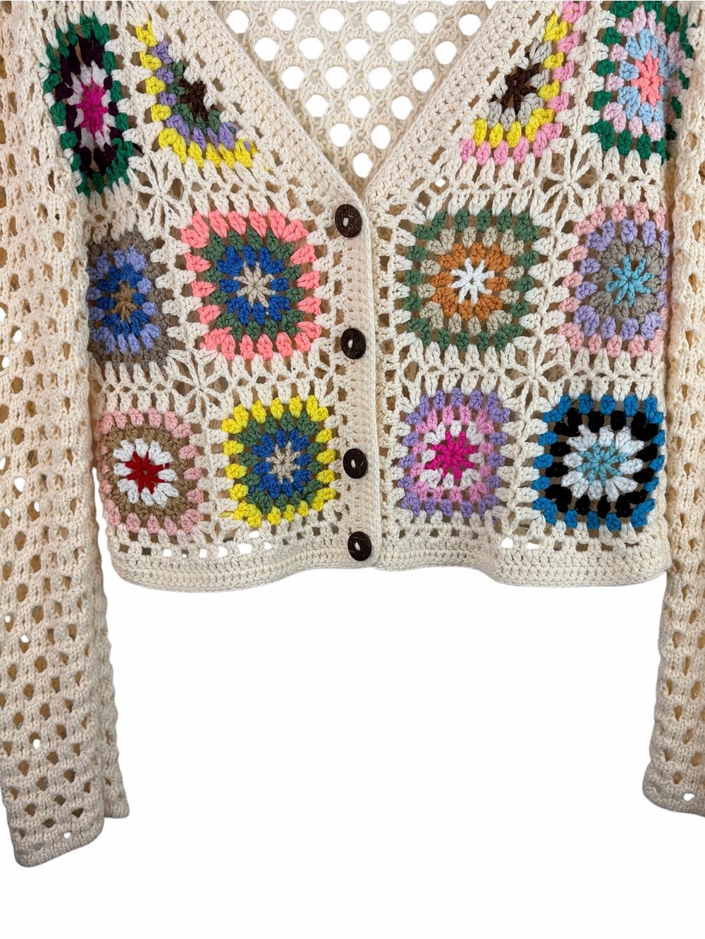 Debut | Cream Multi Color Granny Square Crop Open Knit Cardigan Sweater - Picture 3 of 8